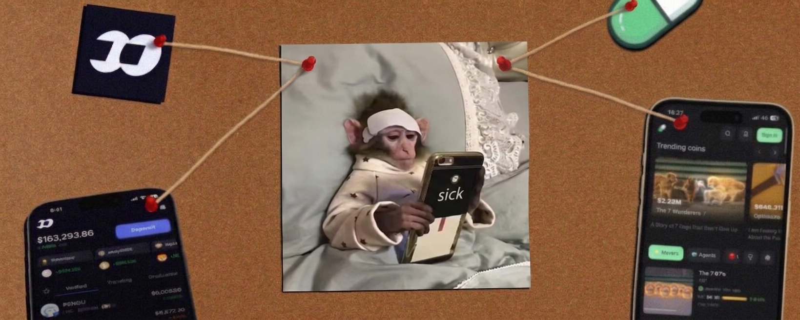 Corkboard with red string connecting the sick monkey to a Doge coin logo, a DexScreener app, a wallet balance, and a pill bottle